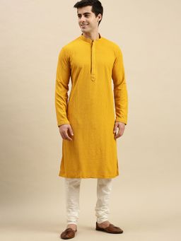 Sanwara - Mens Mustard Chickenkari Long Sleeve Cotton Designer Kurta with Pyjama (Set of 2)