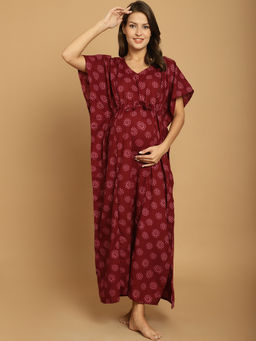 Secret Wish - Maroon Printed Cotton Maternity Kaftan