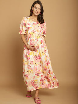 Secret Wish - Beige Floral Rayon Maternity Dress