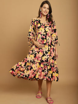 Secret Wish - Black Floral Rayon Maternity Dress