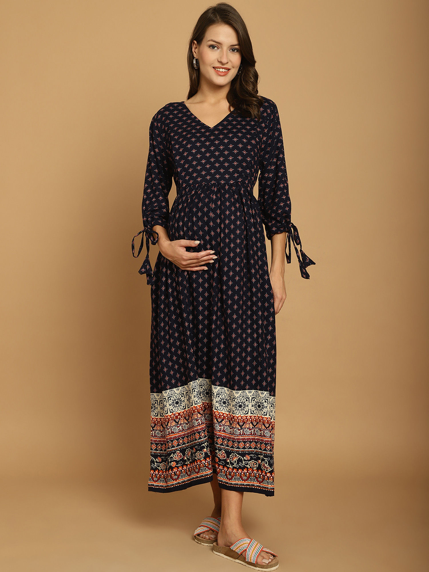secret wish Navy Blue Printed Rayon Maternity Dress-picture-37