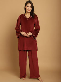 Secret Wish - Maroon Solid Velvet Winter Night Suit