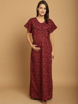 Secret Wish - Maroon Floral Cotton Maternity Nighty