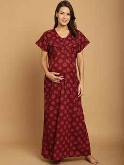 Secret Wish - Maroon Printed Cotton Maternity Nighty