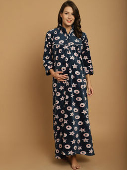 Secret Wish - Navy Blue Printed Woollen Maternity Nighty