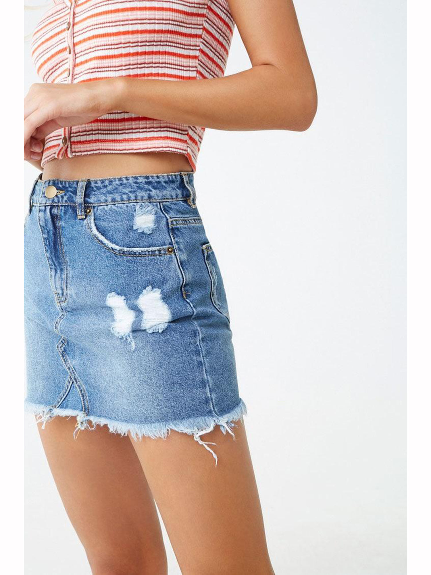 Distressed Frayed-Hem Denim Mini Skirt 