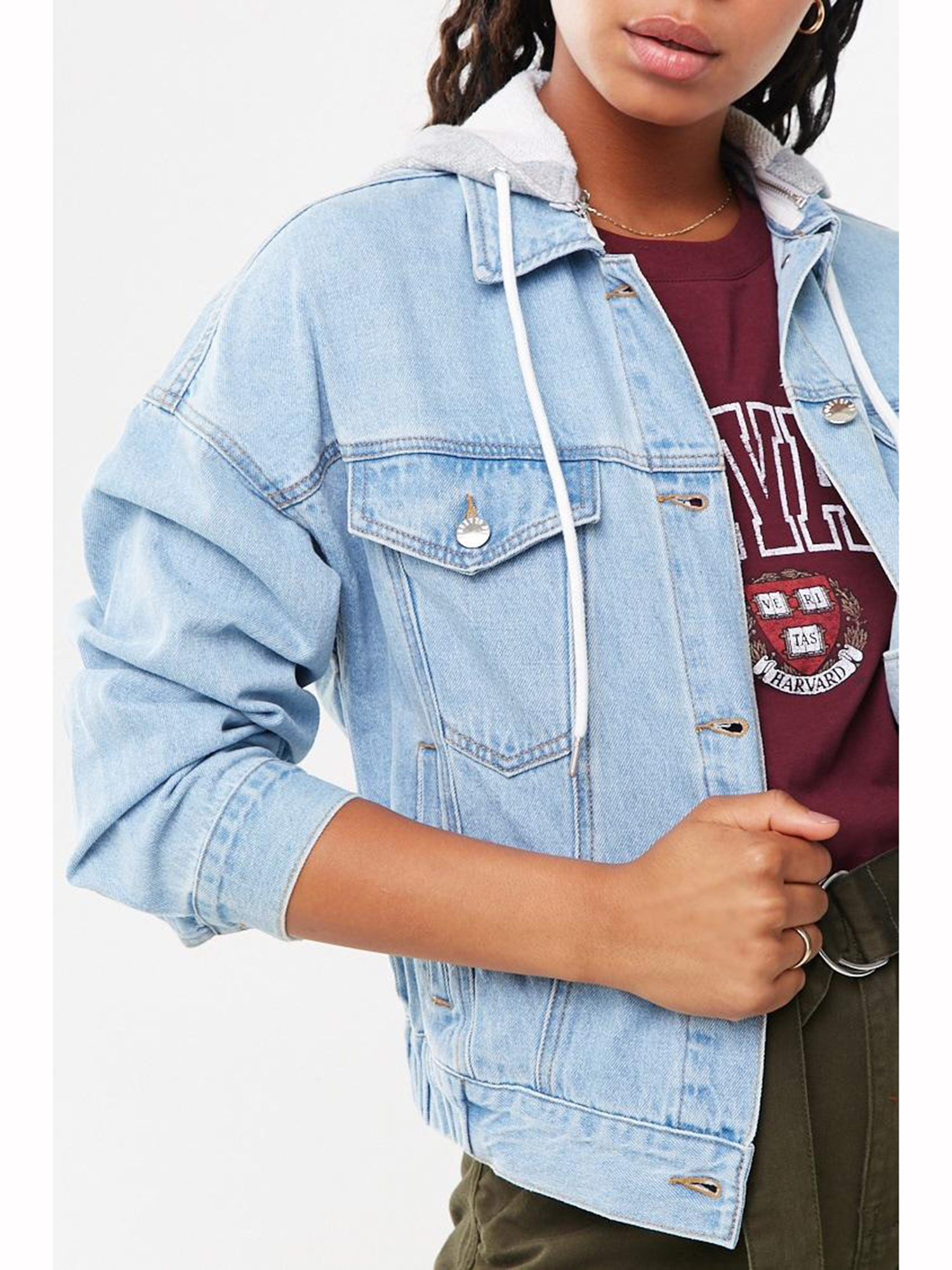 Forever 21 Contrast Hooded Denim Jacket 