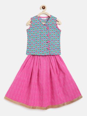 Campana Girls Bela Cotton Lehenga Choli Set - Floral Block & Jaal Print - Purple & Peach