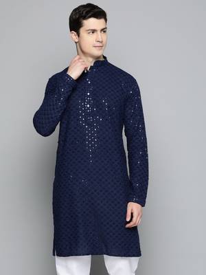 Jompers Men Navy Blue Chikankari Sequin Kurta - Image 1