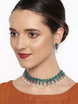 Fida - Wedding Ethnic Silver and Green Floral Designed Oxidised Jewellery Set For Women (Set of 2)