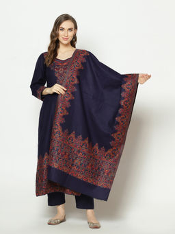 Safaa - Navy Blue Self Design Woollen Unstitched Dress Material (Set of 3)