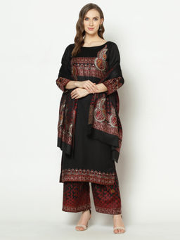 Safaa - Black Self Design Woollen Unstitched Dress Material (Set of 3)