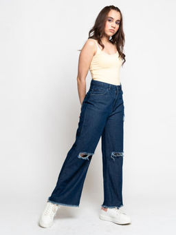 FREAKINS - Knee Cut Dark Blue Wide Leg Jeans