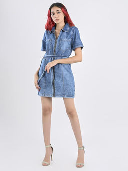 FREAKINS - Belted Blue Denim Dress