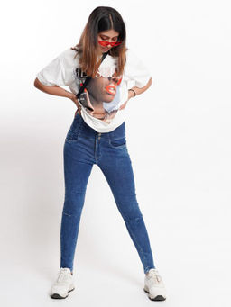 FREAKINS - Dark Blue Ripped Broadbelt Skinny Jeans
