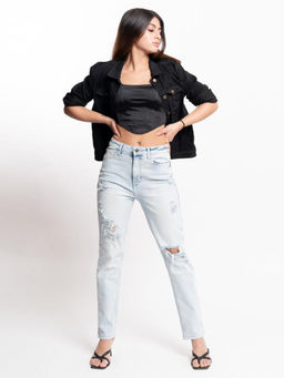 FREAKINS - Ice Wash Light Blue Ripped Peachy Jeans