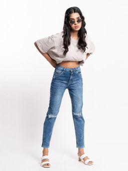 FREAKINS - Mid Blue Ripped Peachy Jeans