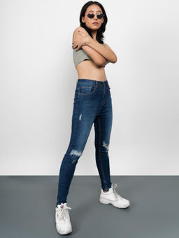 FREAKINS - 90s Dark Blue Ripped Skinny Jeans