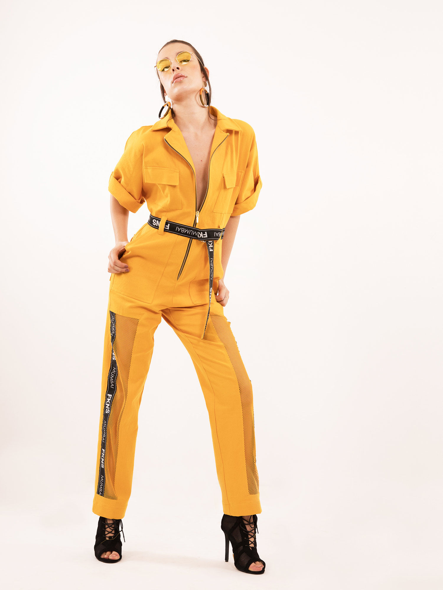 yellow cargo jumpsuit