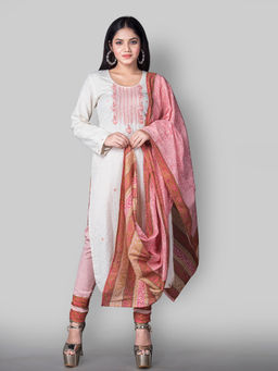 Biba - Off White Printed Unstitched Dress Material (Set of 3)