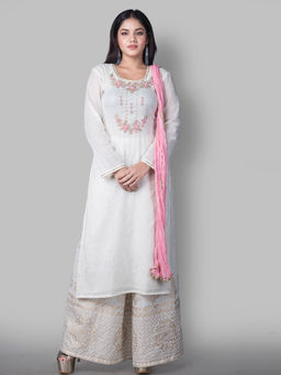 Biba - Off White Printed Unstitched Dress Material (Set of 3)