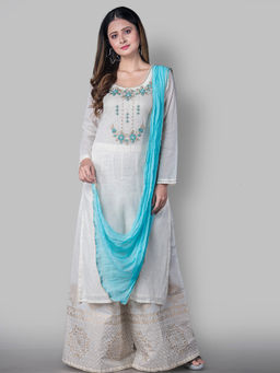 Biba - Off White Printed Unstitched Dress Material (Set of 3)