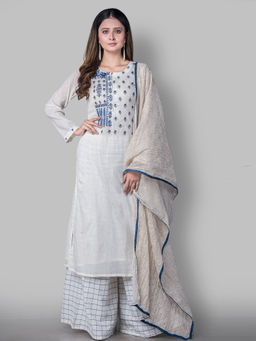 Biba - Off White Printed Unstitched Dress Material (Set of 3)