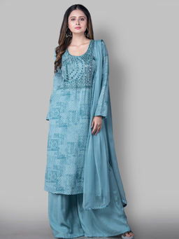 Biba - Teal Printed Unstitched Dress Material (Set of 3)