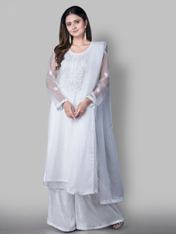 Biba - White Printed Unstitched Dress Material (Set of 3)