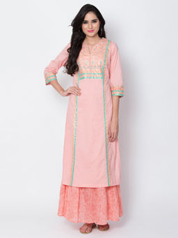 Biba - Peach Printed Flared Kurta With Inner (Set of 2)