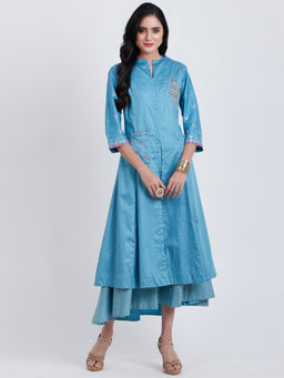Biba - Blue Printed Front Open Kurta With Inner (Set of 2)