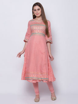 Biba - Peach Printed Flared Kurta With Inner (Set of 2)