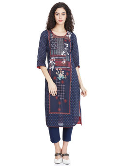 Biba - Navy Blue Straight Printed Kurta