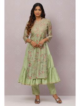 Biba - Sap Green Straight Poly Metallic Cotton Kurta (Set of 3)