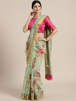 Sareemall - Green Festive Linen Jari Border Printed Saree With Unstitched Blouse