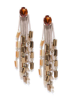 Jewels Galaxy - Beige Luxuria Descent Crystal Gold Plated Chain Tassel Earrings