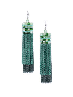 Jewels Galaxy - Green Luxuria Sparkling Silver Plated Chain Drop Tassel Earrings