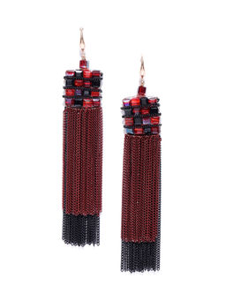 Jewels Galaxy - Maroon Luxuria Sparkling Gold Plated Chain Drop Tassel Earrings