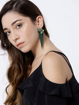 Jewels Galaxy - Green Exclusive Gracious Floral Design Gold Plated Chain Tassel Earrings
