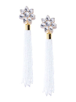 Jewels Galaxy - White Luxuria Elegant Floral & Beads Gleaming Drop Earrings