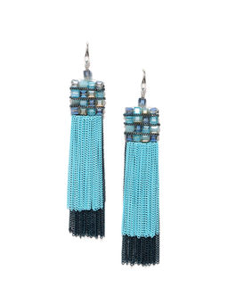 Jewels Galaxy - Blue Silver Plated Beaded & Tasselled Drop Earrings