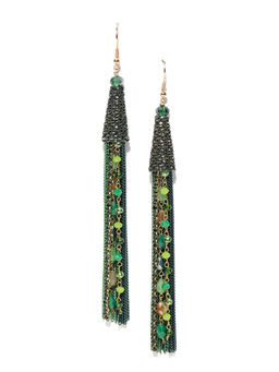 Jewels Galaxy - Green Gold Plated Beaded Tasselled Handcrafted Drop Earrings