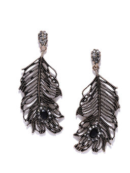 Jewels Galaxy - Black Copper Plated Handcrafted Feather Shaped Drop Earrings