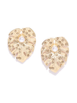Jewels Galaxy - Gold Plated Stone Studded Leaf Shaped Stud Earrings
