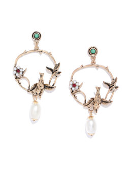 Jewels Galaxy - White Antique Gold Plated Beaded Textured Contemporary Drop Earrings