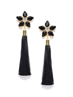 Jewels Galaxy - Black Gold Plated Tasselled Floral Drop Earrings