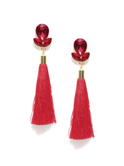Jewels Galaxy - Red Gold Plated Stone Studded Tasselled Drop Earrings