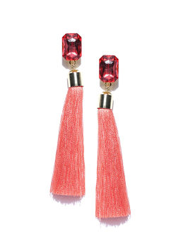 Jewels Galaxy - Peach Stone Studded Tasselled Drop Earrings