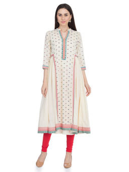Biba - Off White Printed Flared Kurta With Inner (Set of 2)