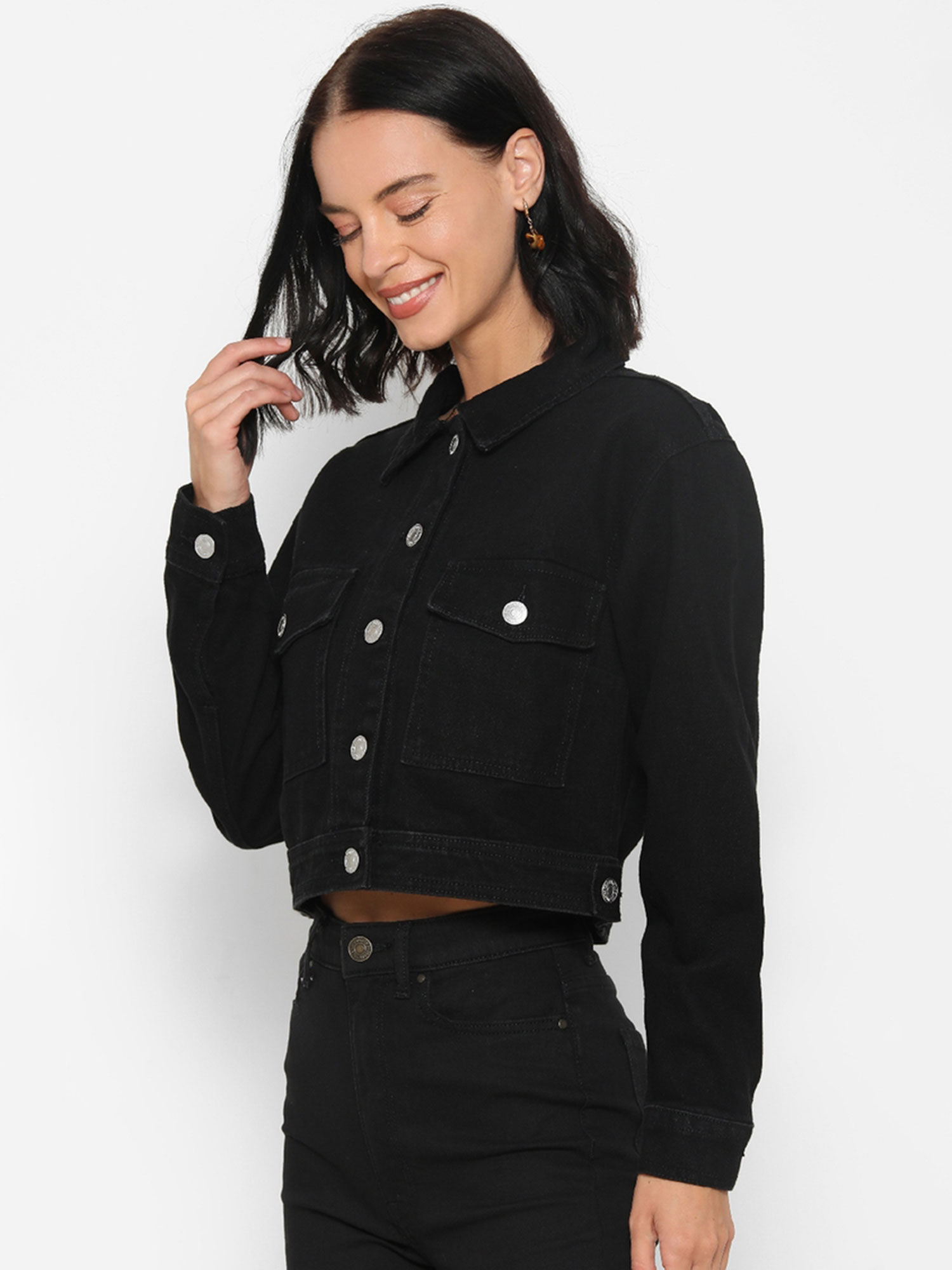 Forever 21 Solid Cropped Denim Jacket 